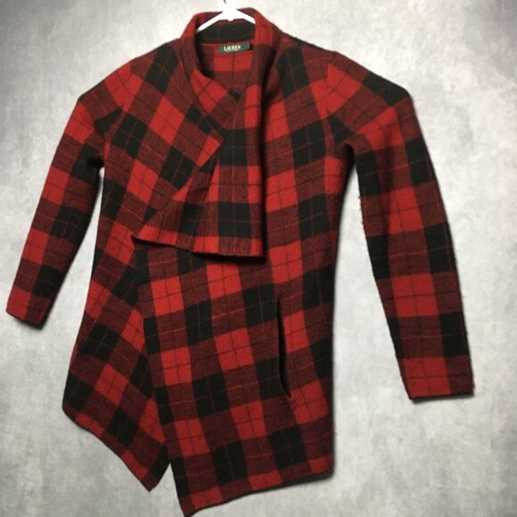 Lauren Ralph Lauren RL Womens Wool Wrap Coat Red Black Plaid - size Small‎ - Picture 2 of 16